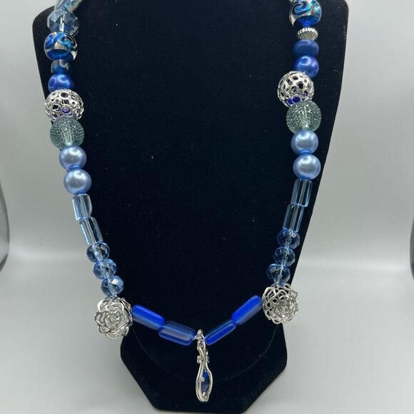 Handmade Blue tones Necklace Glass Faux Pearl and Ceramic - Picture 2 of 4